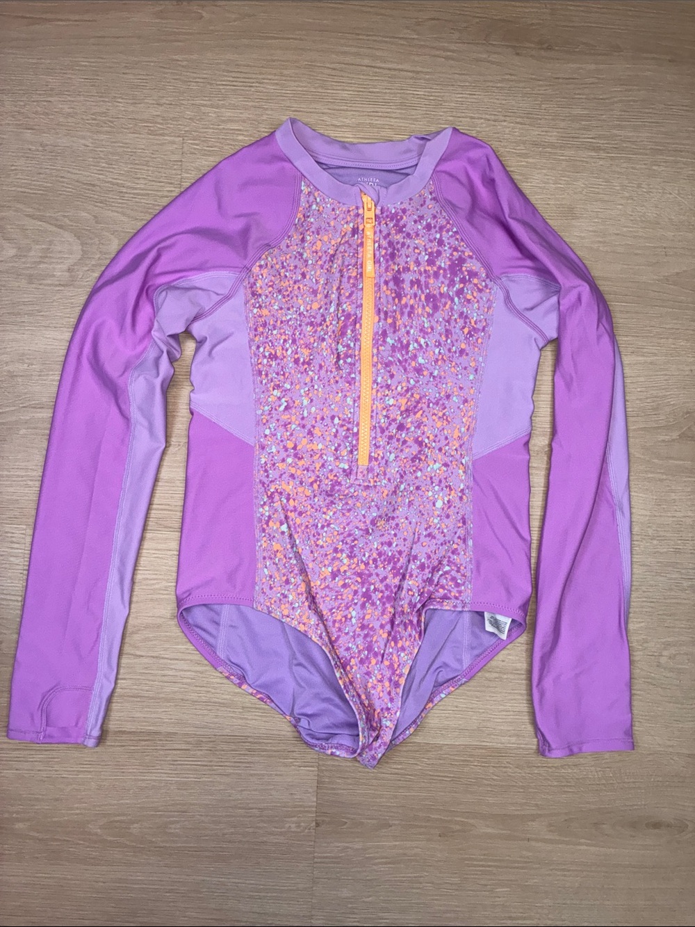 Athleta Girls' Long-Sleeve Lavender One-Piece Swimsuit with Orange Zip